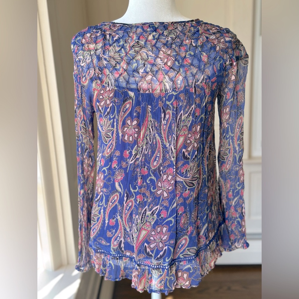 Sundance Blue Paisley Diamond Smocked Peasant Top
